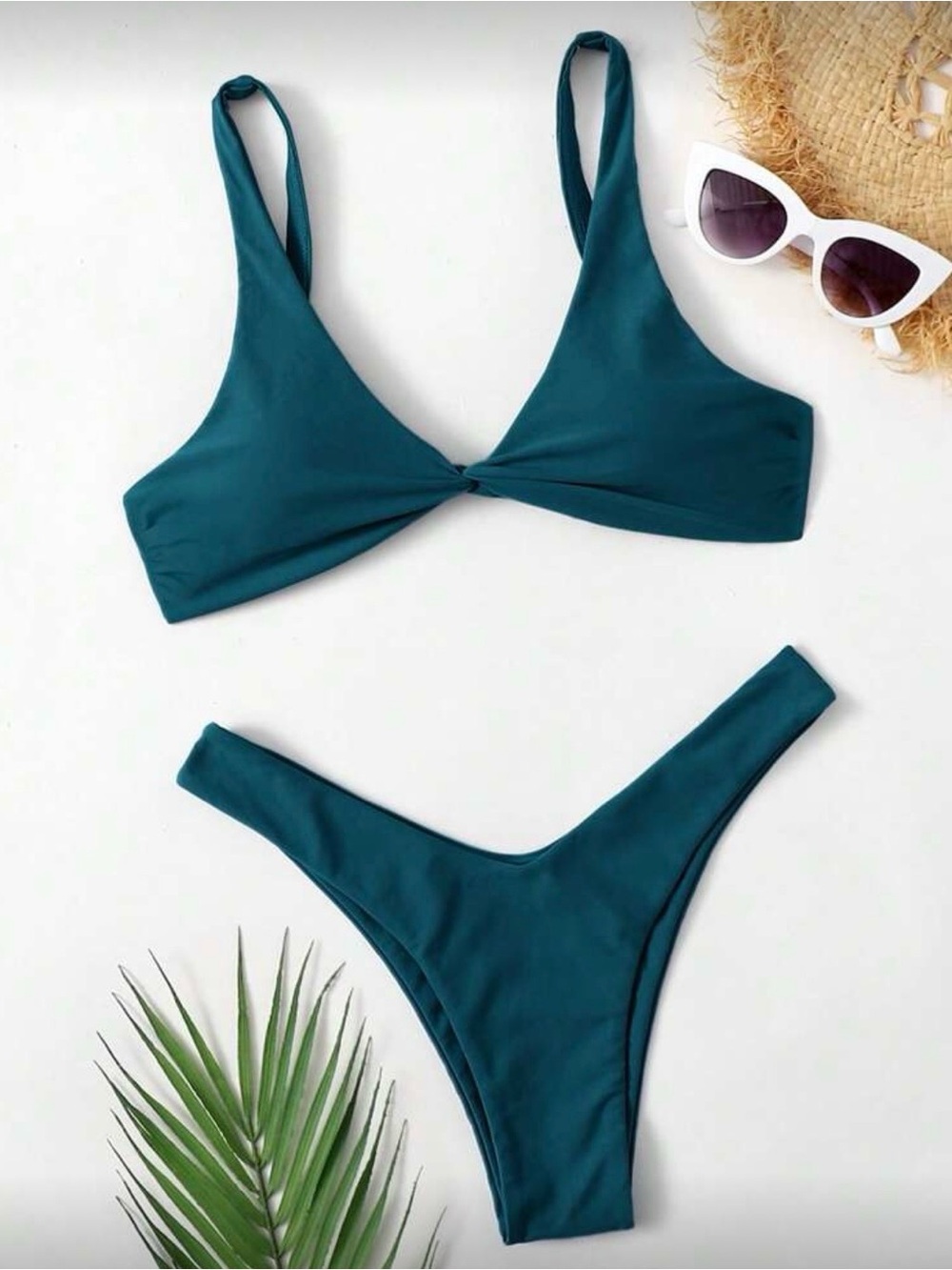 SHEIN Teal Knot-Front V Neck Bikini Set